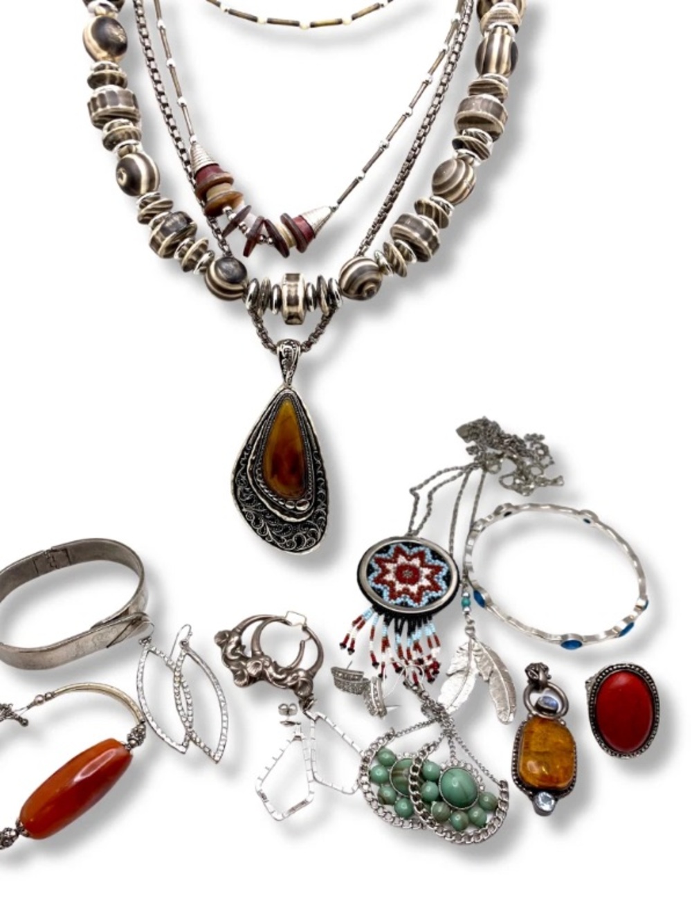 Vintage Costume Silver Tone 15pc Jewelry Lot Charm Bracelet Earrings Necklaces